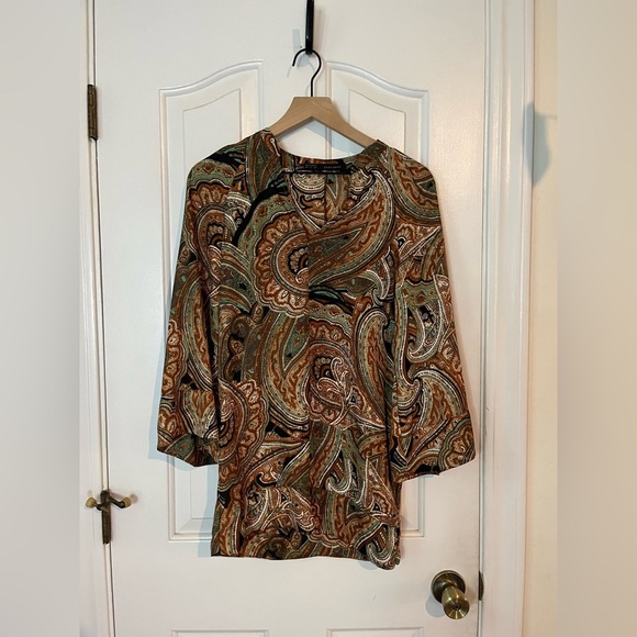 Zara | Paisley V-Neck Satin Blouse w. Bell Sleeves Relaxed Fit Size XS - Picture 3 of 8